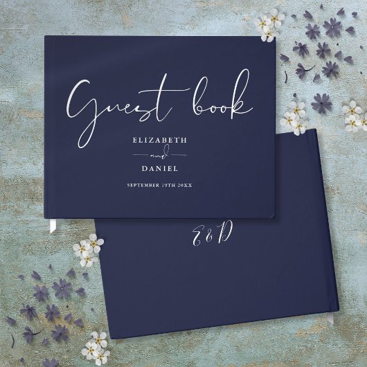 Navy Blue Elegant Script Wedding Gästebuch