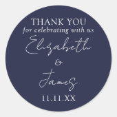 Navy Blue Elegant Script Wedding Vielen Dank Runder Aufkleber (Vorderseite)