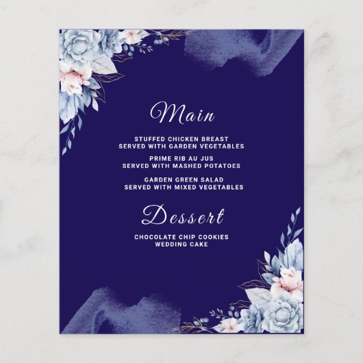 Navy blue elegant wedding Menu card (Vorderseite)