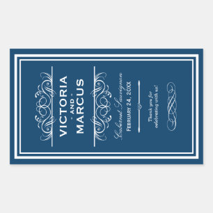Navy Blue Elegant Wedding Monogram Wine Flasche Rechteckiger Aufkleber