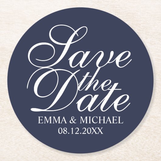 Navy Blue Elegant Wedding Save the Date Runder Pappuntersetzer (Vorderseite)