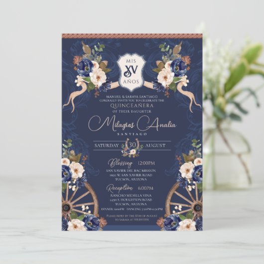 Navy Blue Elegante Baroque Charra Quinceanera Einladung (Stehend Vorderseite)
