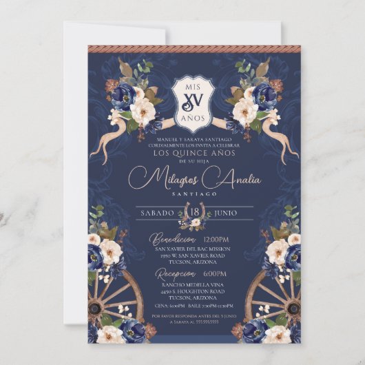 Navy Blue Elegante Baroque Charro Quinceanera Einladung (Vorderseite)