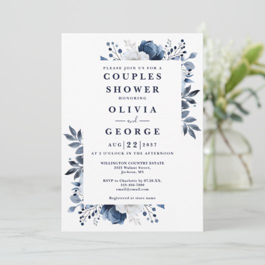 Navy Blue Elegante Blumenpaare Dusche Foto Einladung (Stehend Vorderseite)