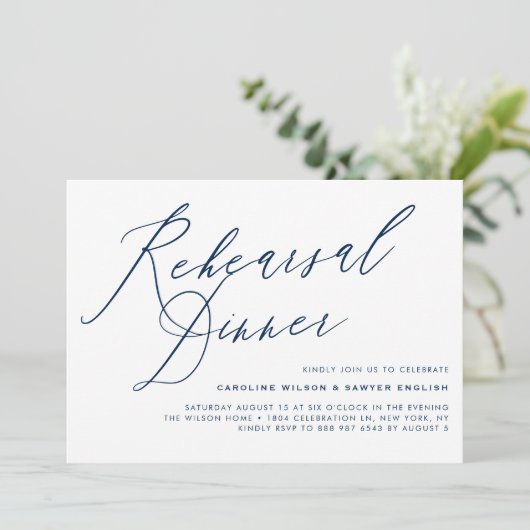 Navy Blue Elegante Calligraphy Probe Dinner Einladung (Stehend Vorderseite)