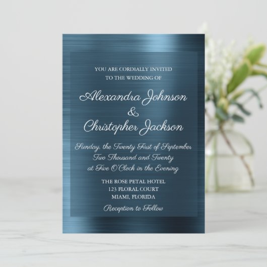 Navy Blue Elegante Hochzeitseinladung Einladung (Stehend Vorderseite)