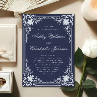 Navy Blue Elegante Imitate Silver Vintage Hochzeit Einladung
