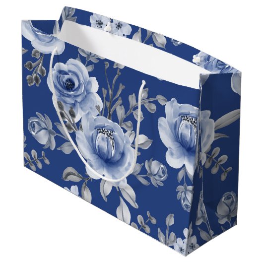 Navy Blue & Elegante Moderne Aquarellblume Große Geschenktüte (Rückseite Schrägansicht)