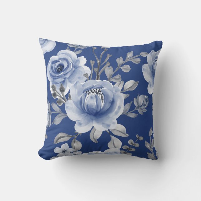 Navy Blue & Elegante Moderne Aquarellblume Kissen (Vorderseite)