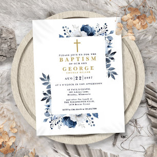 Navy Blue Elegante Moderne Blumentaufen Einladung Postkarte