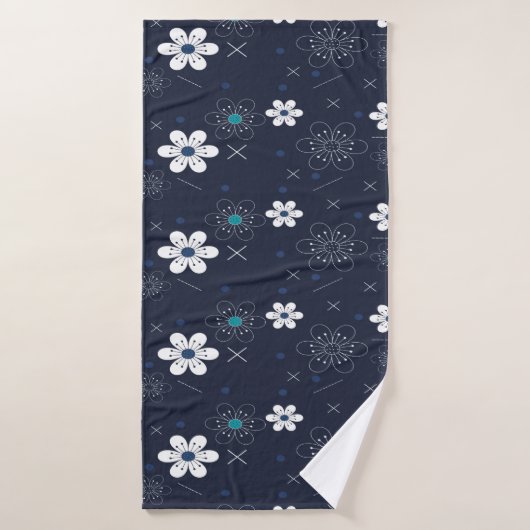 Navy Blue & Elegante Modernes Retro-Flora Badhandtuch Set (Badehandtuch)