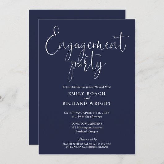 Navy Blue Elegante Script Engagement Party Einladung (Vorne/Hinten)