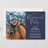 Navy Blue Elegante Script Foto Retirement Party Einladung (Vorderseite)