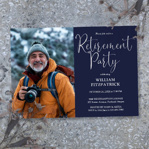 Navy Blue Elegante Script Foto Retirement Party Einladung