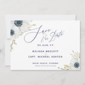 Navy Blue 💍 Elegante White Anemone Wedding Save The Date (Vorderseite)