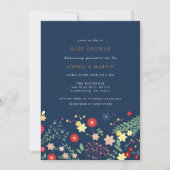Navy Blue Elegante Wildblume Baby Shower Einladung (Vorderseite)