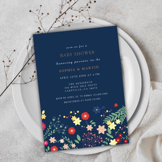 Navy Blue Elegante Wildblume Baby Shower Einladung