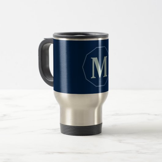 Navy Blue eleganter Monogramm personalisiert Reisebecher (Vorderseite Links)