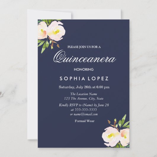 Navy Blue Eleganto Floral Quinceanera Einladung (Vorderseite)