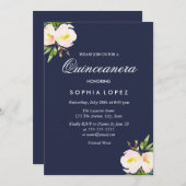 Navy Blue Eleganto Floral Quinceanera Einladung (Vorne/Hinten)