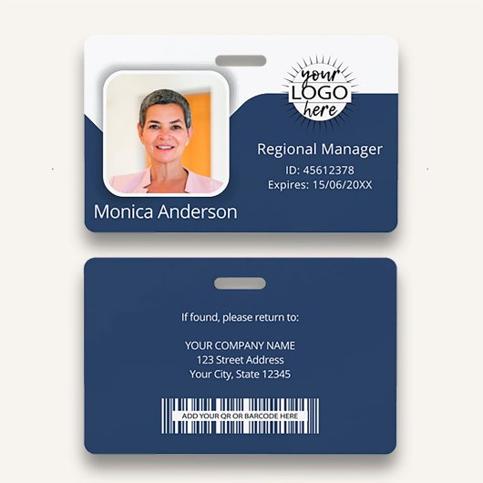 Navy Blue Employee Foto ID Name QR Bar Code Ausweis