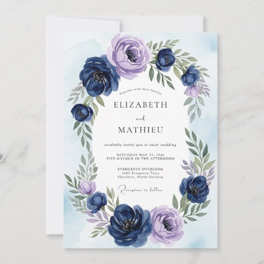 Navy Blue Ethereal Botanical Wedding Einladung (Vorderseite)
