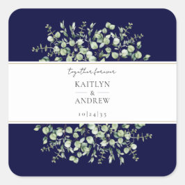 Navy Blue Eucalyptus Together Forever Wedding Quadratischer Aufkleber