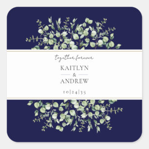 Navy Blue Eucalyptus Together Forever Wedding Quadratischer Aufkleber