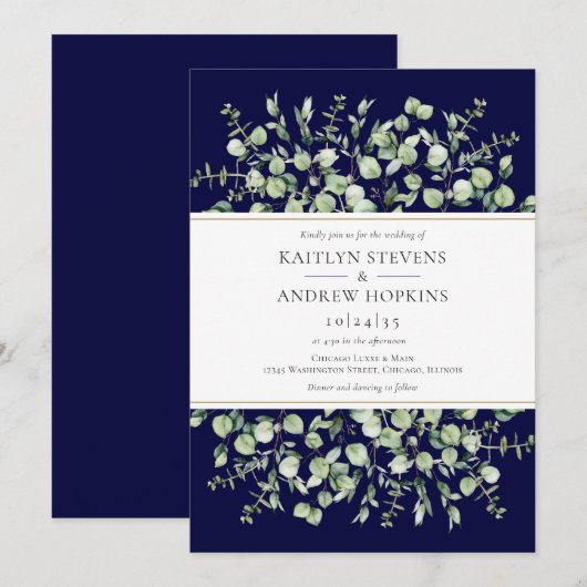 Navy Blue Eucalyptus  Wedding Einladung (Vorne/Hinten)