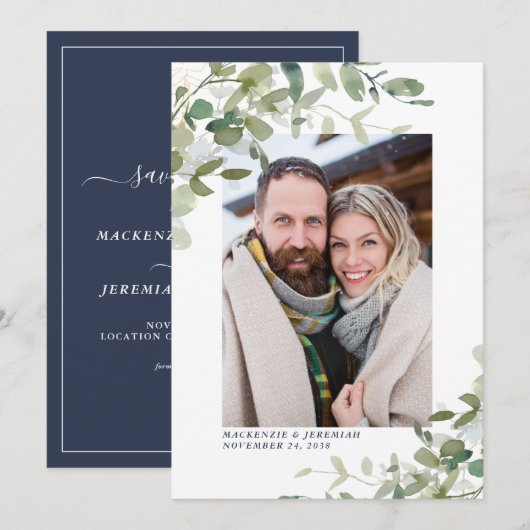 Navy Blue Eucalyptus Wedding Foto Save the Date (Vorne/Hinten)