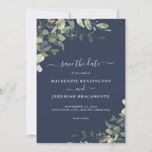 Navy Blue Eucalyptus Wedding Foto Save the Date (Vorderseite)