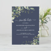 Navy Blue Eucalyptus Wedding Foto Save the Date (Stehend Vorderseite)