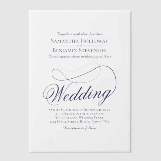 Navy Blue Extravagant Script Elegant Wedding Pergament Einladungen (Vorderseite)