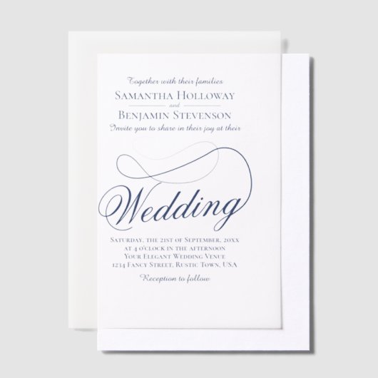 Navy Blue Extravagant Script Elegant Wedding Pergament Einladungen (Versetzt)