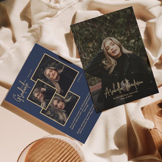 Navy Blue Extravagant Script Foto Collage Abschlus Ankündigung
