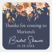 Navy Blue Fall Floral Brautparty Favoriten Quadratischer Aufkleber (Vorderseite)