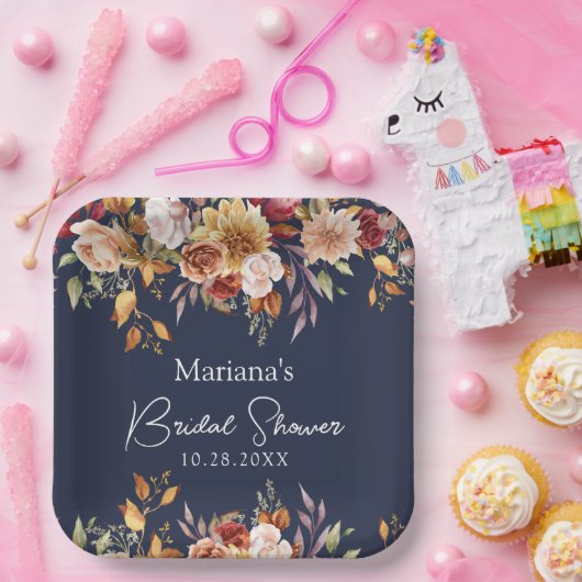 Navy Blue Fall Floral Brautparty Pappteller (Party)
