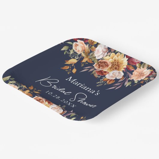 Navy Blue Fall Floral Brautparty Pappteller (Gewinkelt)