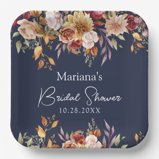 Navy Blue Fall Floral Brautparty Pappteller (Vorderseite)