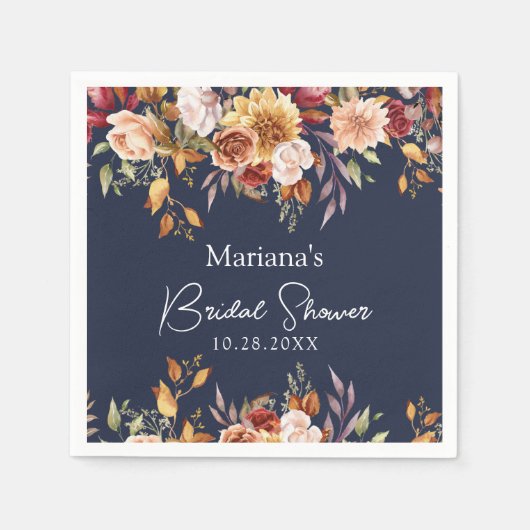 Navy Blue Fall Floral Brautparty Serviette (Vorderseite)