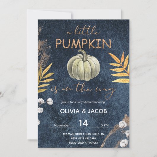 Navy Blue Fall Pumpkin Baby Dusche Einladung (Vorderseite)