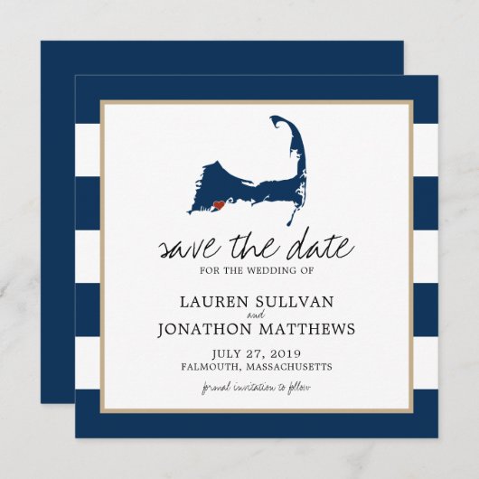 Navy Blue Falmouth Cape Cod Map Save the Date (Vorne/Hinten)