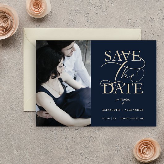 Navy Blue Fancy Trendy Wedding Photo Faux Gold Save The Date