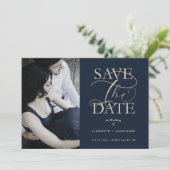 Navy Blue Fancy Trendy Wedding Photo Faux Gold Save The Date (Stehend Vorderseite)