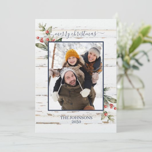 Navy Blue Farmhouse Frohe Weihnachten Kariertes Fo (Stehend Vorderseite)