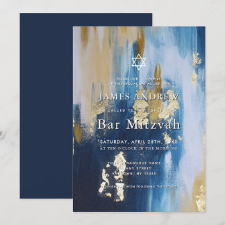 Navy Blue & Faux Gold Foil Bar Mitzvah Einladung