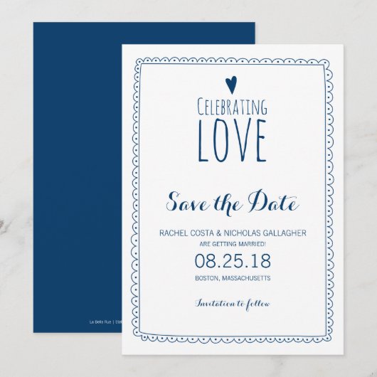Navy Blue feiert Liebe Hochzeit speichern das Datu Save The Date (Vorne/Hinten)