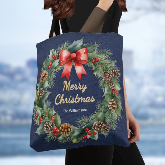 Navy Blue Festive Weihnachtsfest Wreath Elegante C Tasche