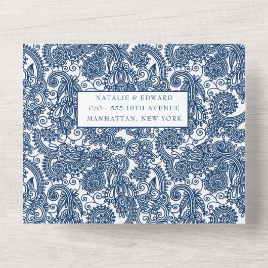 Navy Blue Filigree Paisley Henna Wedding RSVP All In One Einladung (Rückseite)
