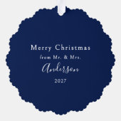 Navy Blue First Christmas Mr. und Mrs. Foto Ornament Karte (Rückseite)